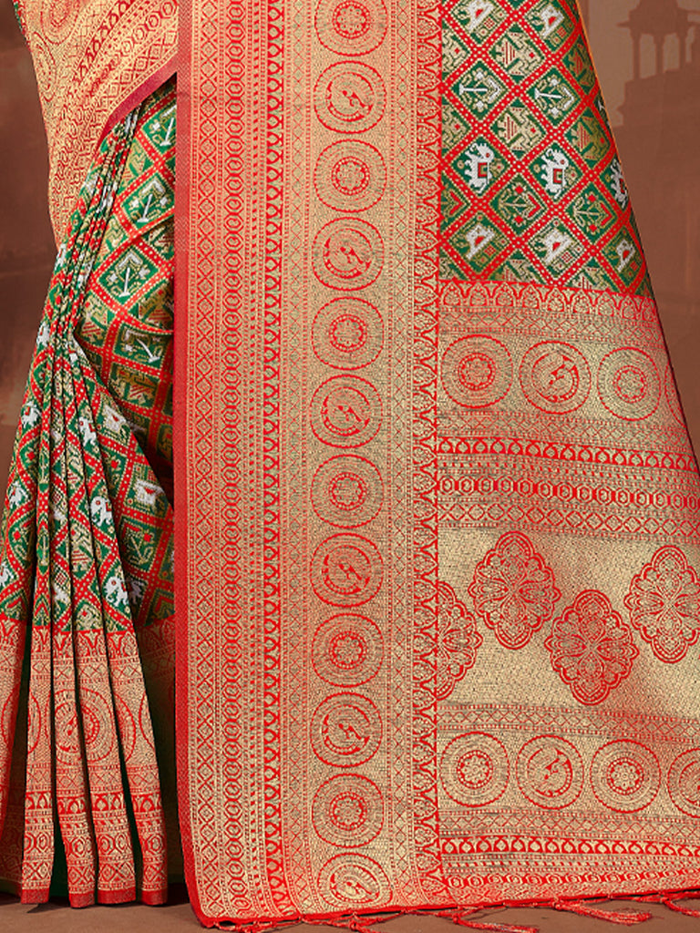 Women's Red Patola Silk Woven Work Traditional Tassle Saree