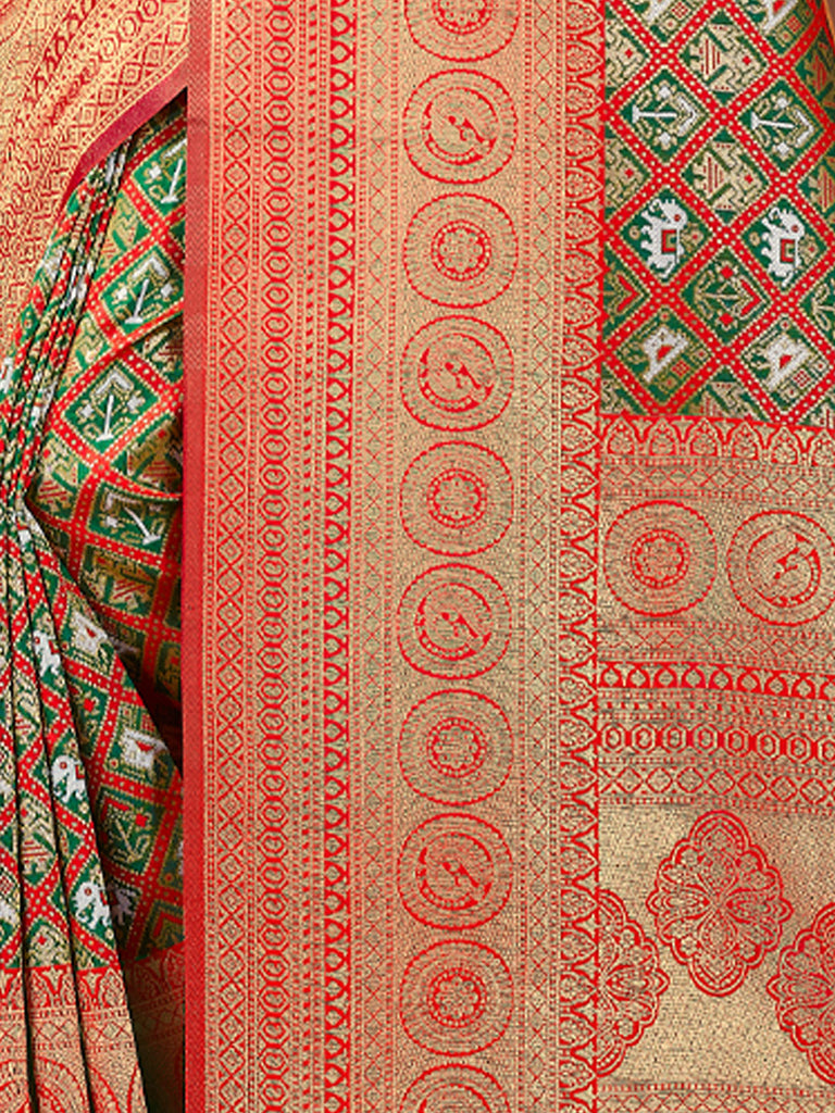 Women's Red Patola Silk Woven Work Traditional Tassle Saree