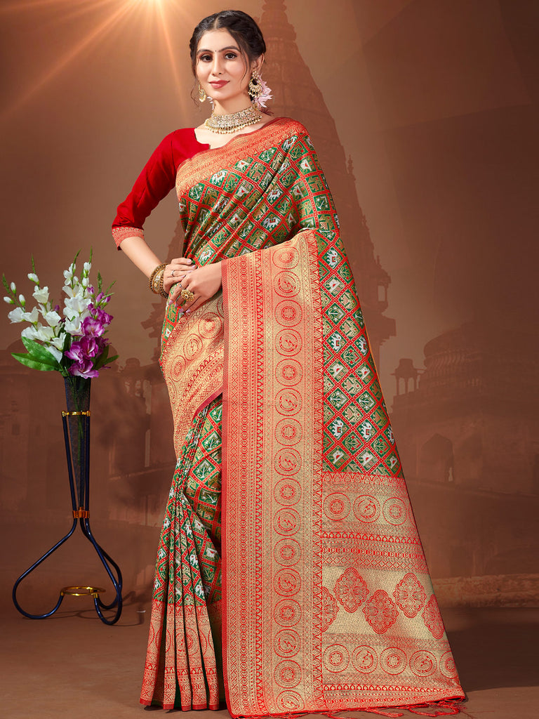 Women's Red Patola Silk Woven Work Traditional Tassle Saree