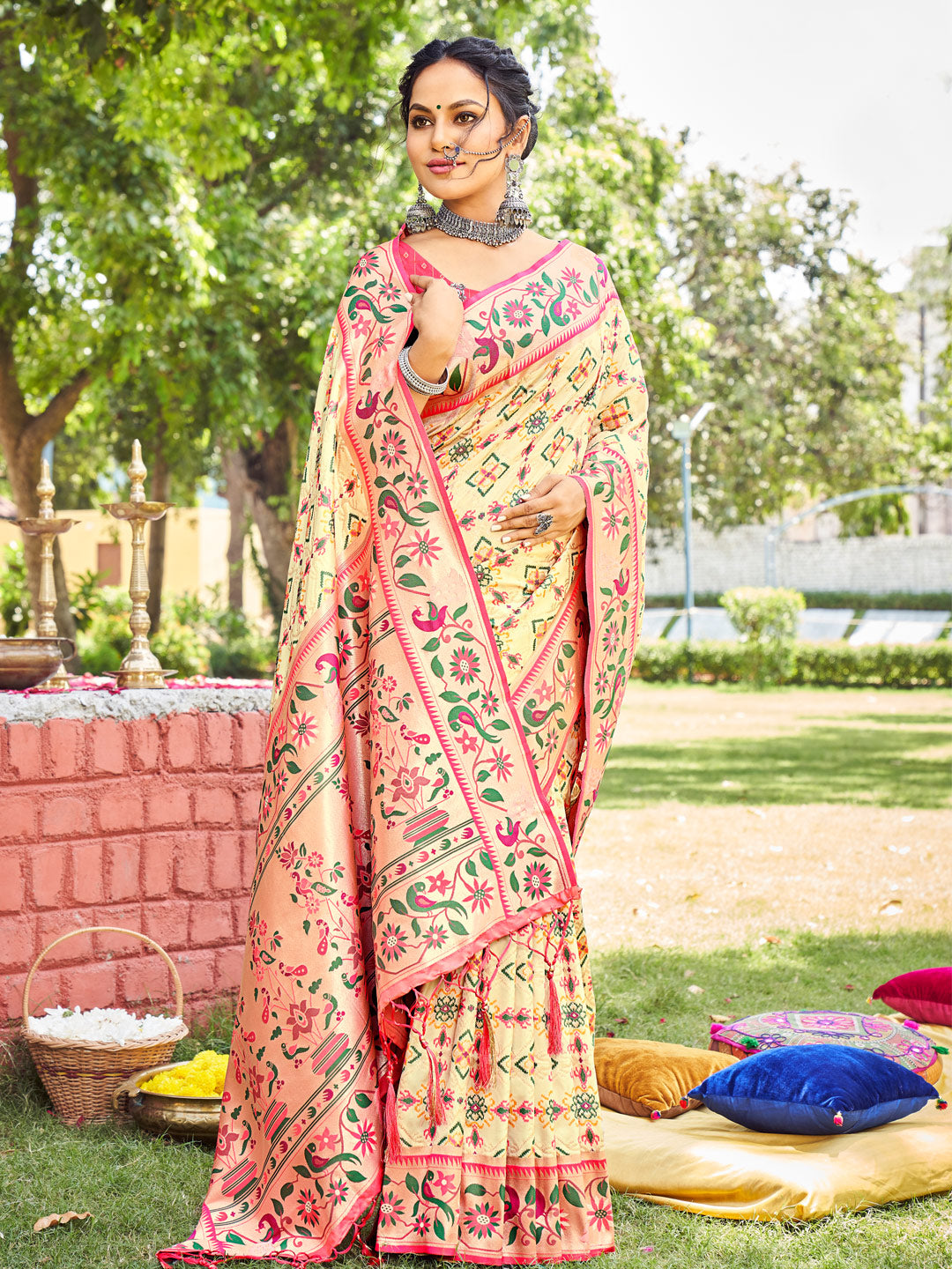 Women's Cream Paithani Silk Woven Work Traditional Tassle Saree - Sangam Prints