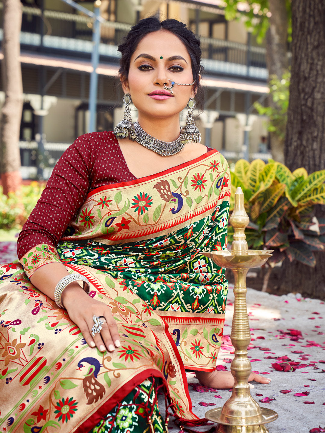 Women's Dark Green Paithani Silk Woven Work Traditional Tassle Saree - Sangam Prints