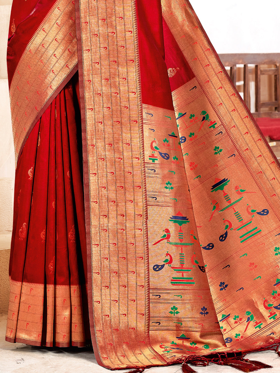 Women's Red PAITHANI SILK Woven Work Traditional Tassle Saree - Sangam Prints
