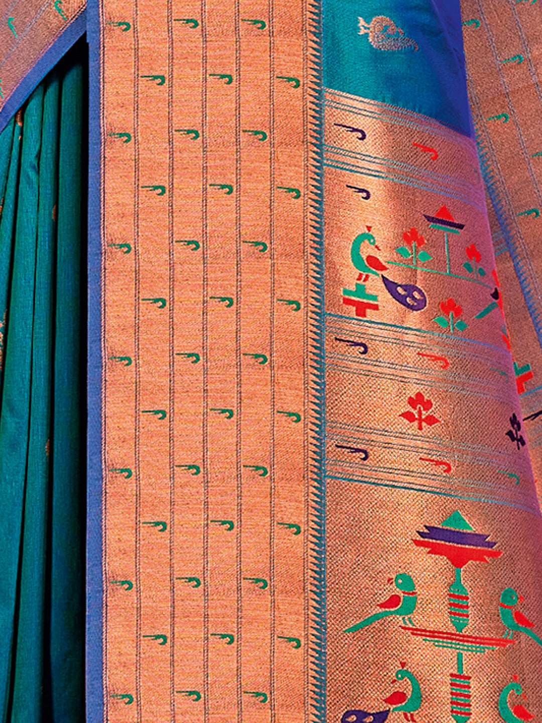 Women's Turquoise PAITHANI SILK Woven Work Traditional Tassle Saree - Sangam Prints