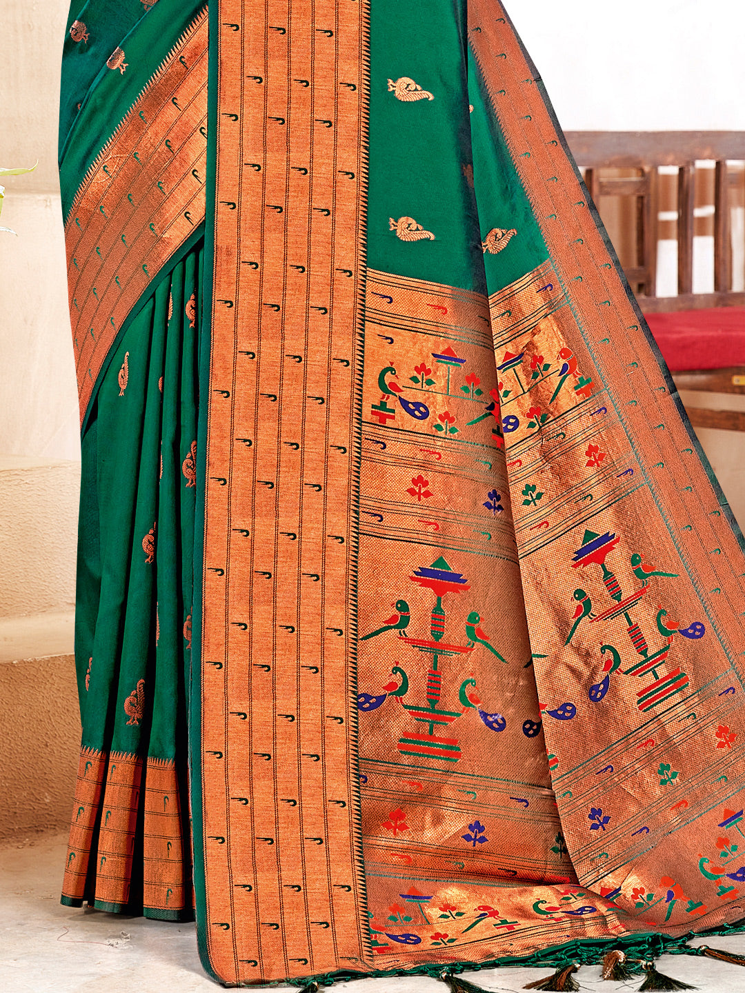 Women's Dark Green PAITHANI SILK Woven Work Traditional Tassle Saree - Sangam Prints
