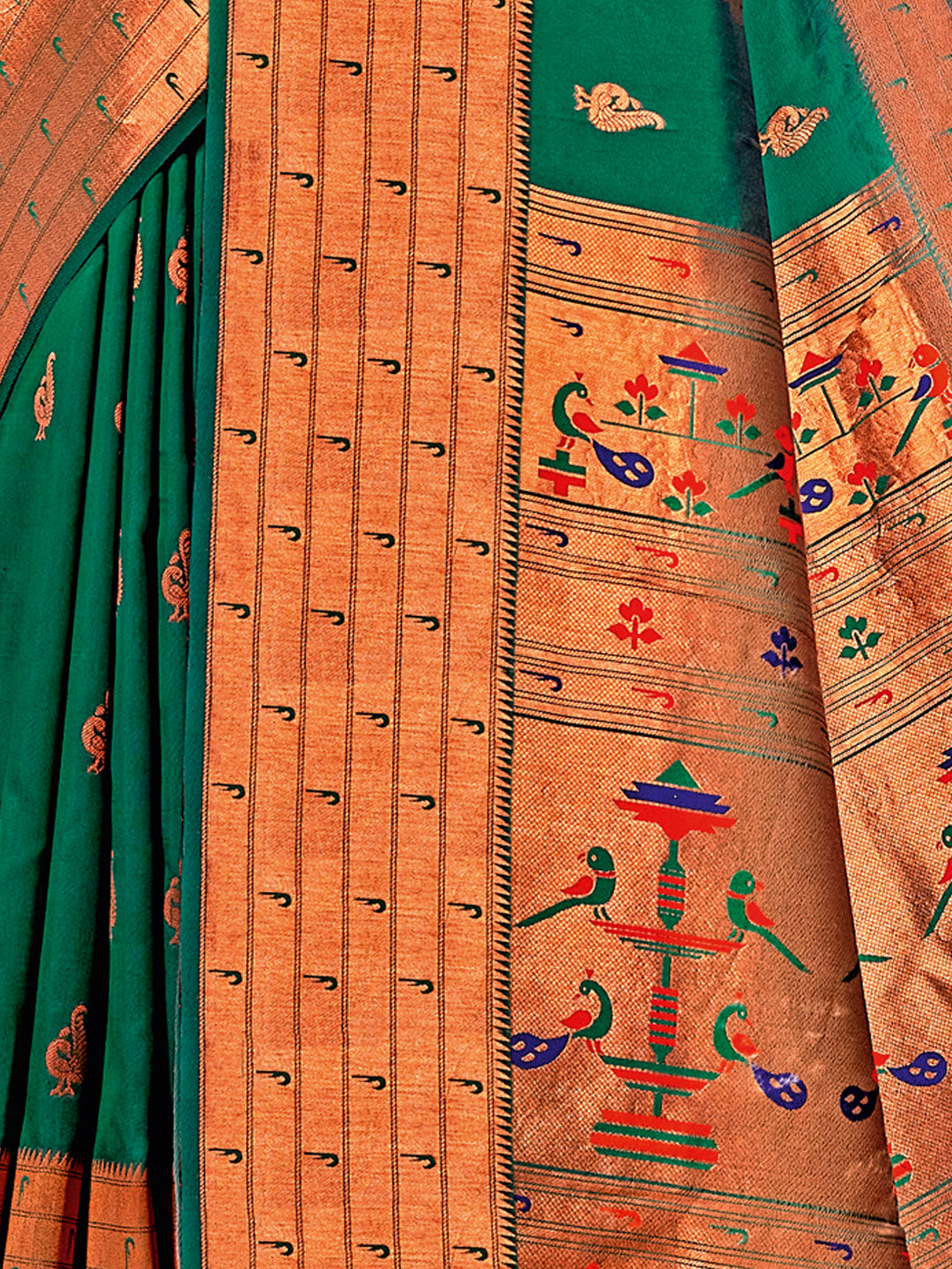 Women's Dark Green PAITHANI SILK Woven Work Traditional Tassle Saree - Sangam Prints