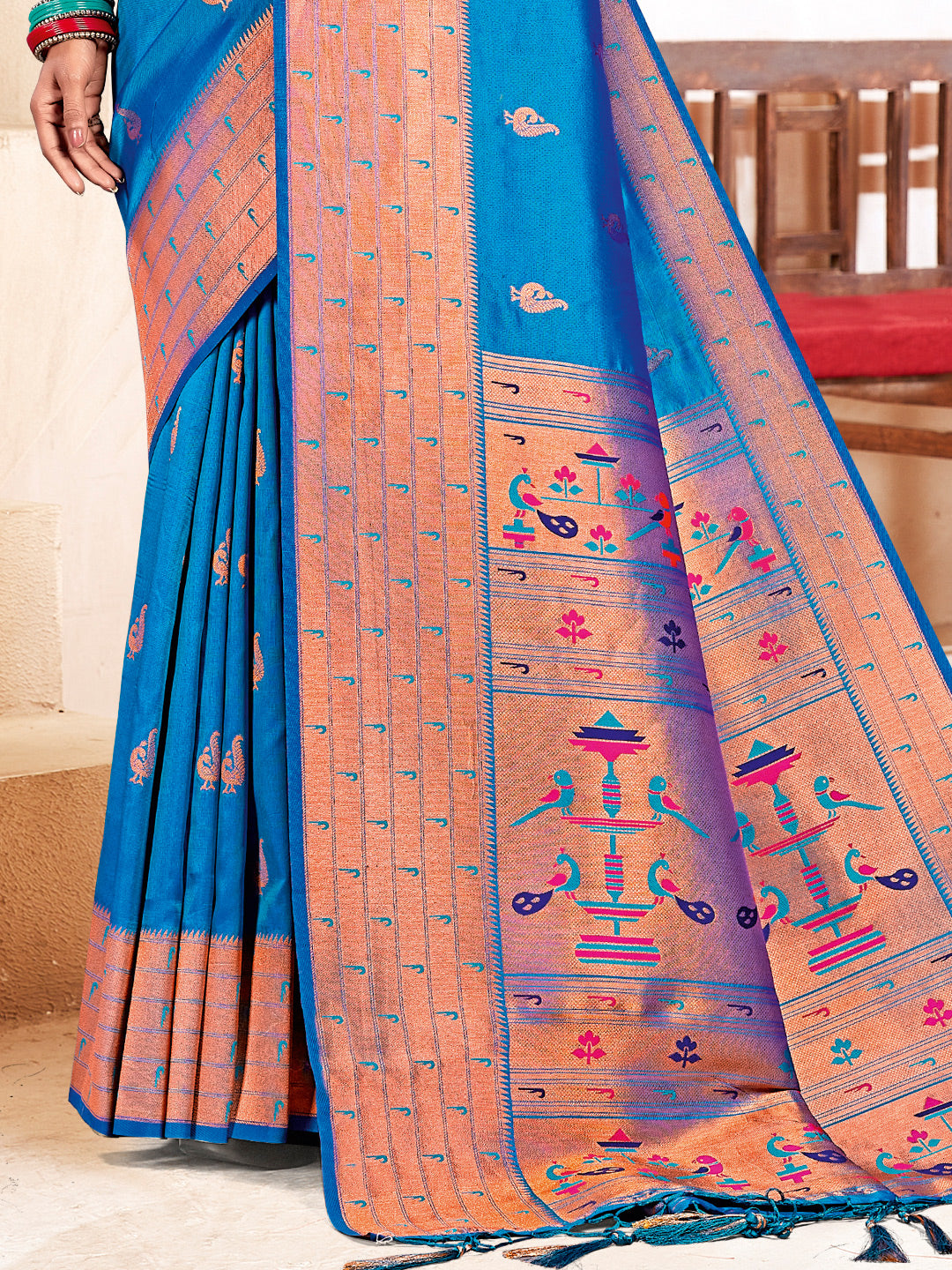 Women's Sky Blue PAITHANI SILK Woven Work Traditional Tassle Saree - Sangam Prints