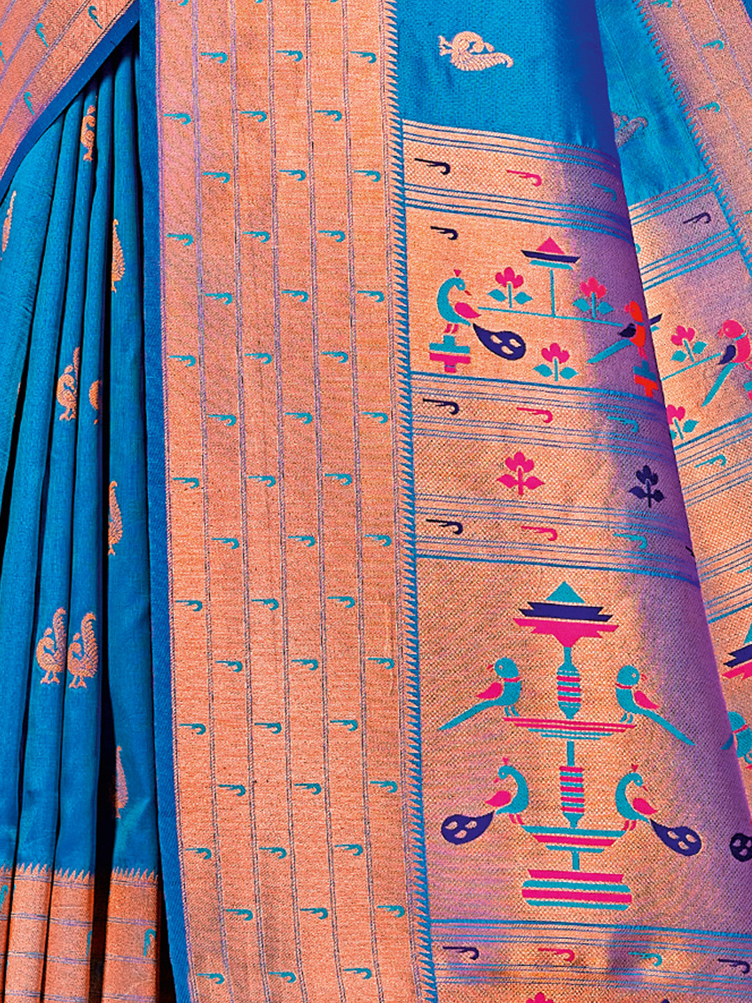 Women's Sky Blue PAITHANI SILK Woven Work Traditional Tassle Saree - Sangam Prints