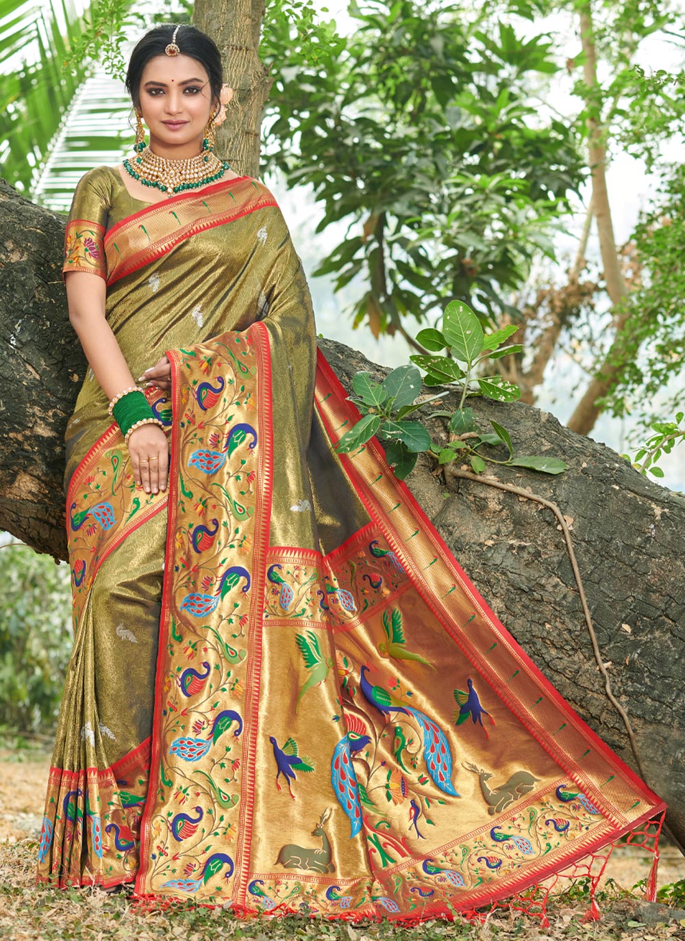 Women's Rama Green Paithani Silk Woven Zari Work Traditional Tassle Saree - Sangam Prints