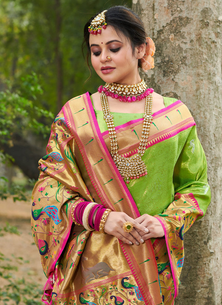 Women's Parrot Green Paithani Silk Woven Zari Work Traditional Tassle Saree