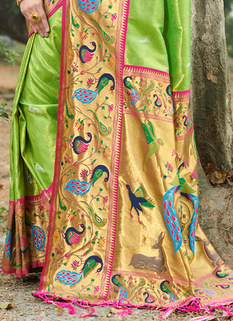 Women's Parrot Green Paithani Silk Woven Zari Work Traditional Tassle Saree
