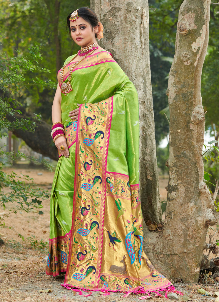 Women's Parrot Green Paithani Silk Woven Zari Work Traditional Tassle Saree