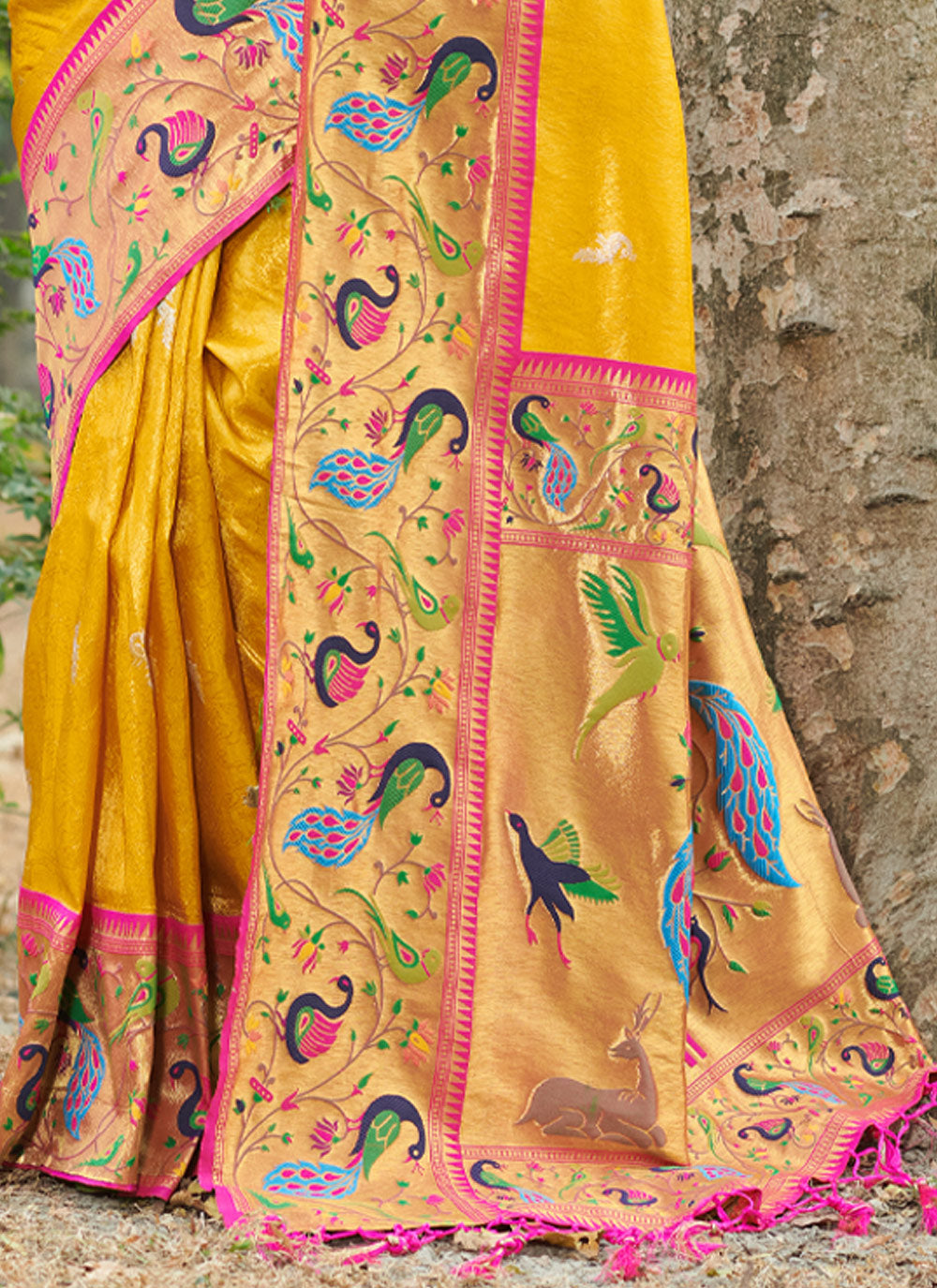 Women's Yellow Paithani Silk Woven Zari Work Traditional Tassle Saree - Sangam Prints