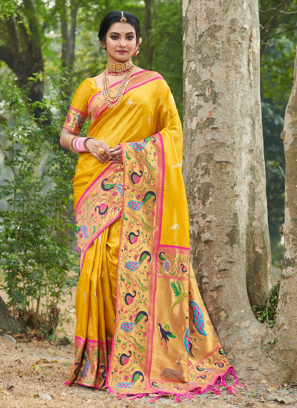 Women's Yellow Paithani Silk Woven Zari Work Traditional Tassle Saree - Sangam Prints