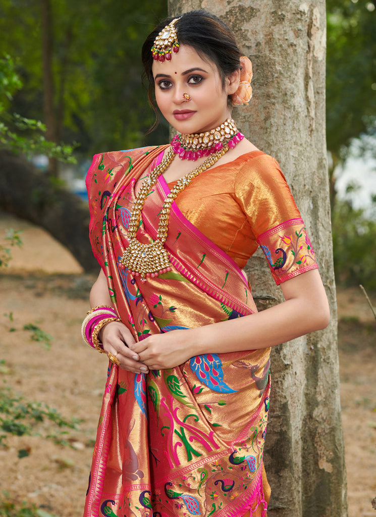 Women's Orange Paithani Silk Woven Zari Work Traditional Tassle Saree