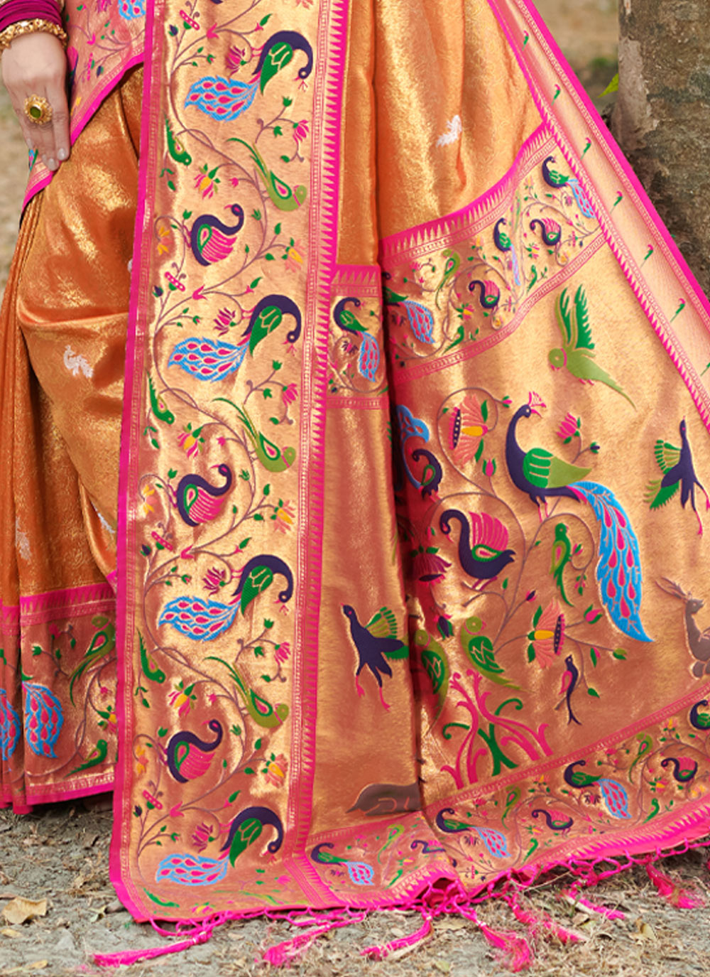 Women's Orange Paithani Silk Woven Zari Work Traditional Tassle Saree - Sangam Prints