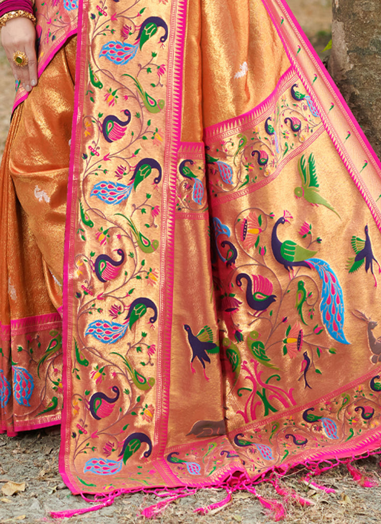 Women's Orange Paithani Silk Woven Zari Work Traditional Tassle Saree