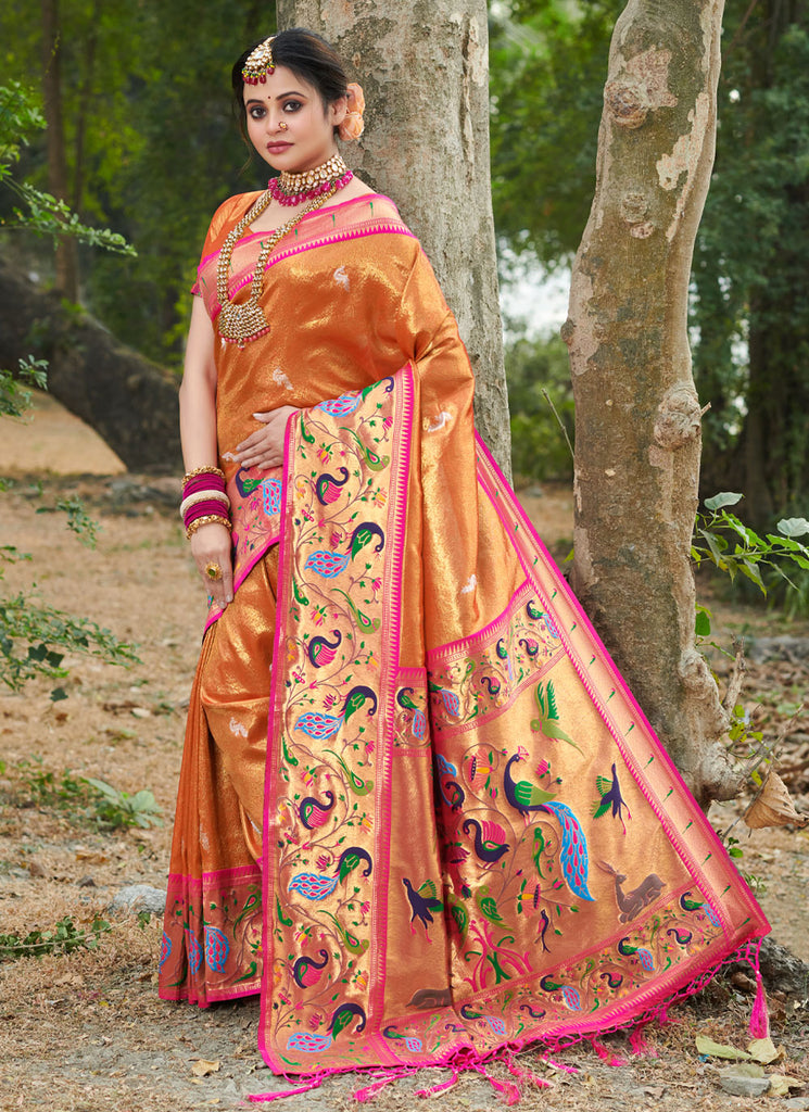 Women's Orange Paithani Silk Woven Zari Work Traditional Tassle Saree