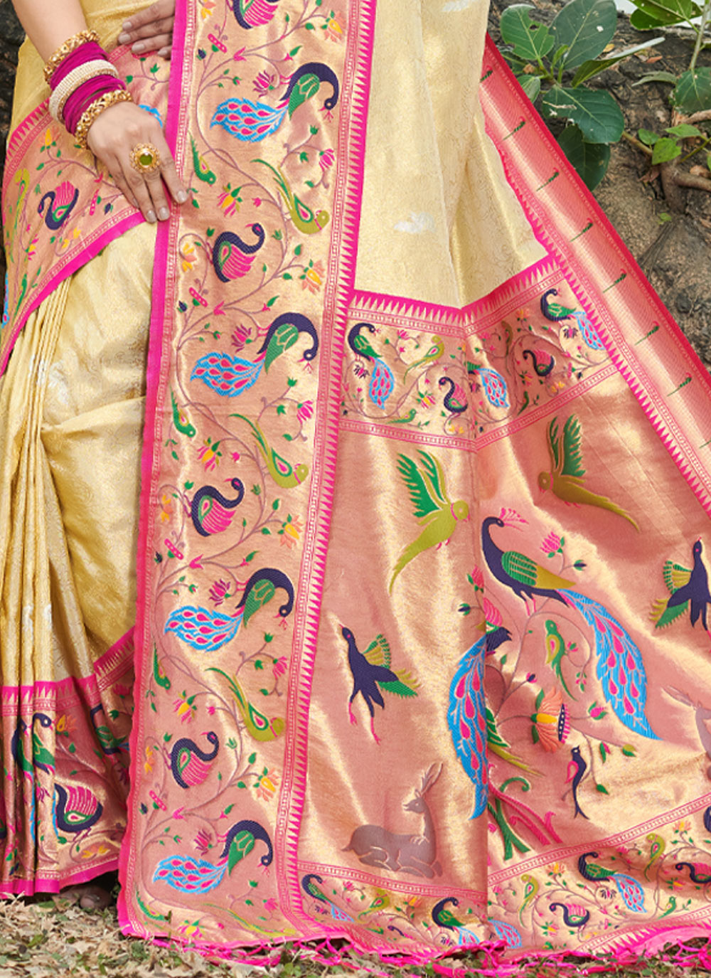 Women's Cream Paithani Silk Woven Zari Work Traditional Tassle Saree - Sangam Prints