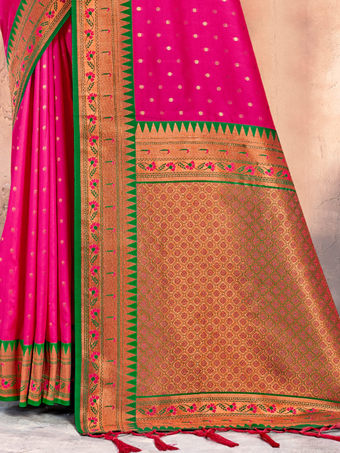 Women's Pink Silk Woven Work Traditional Tassle Saree - Sangam Prints
