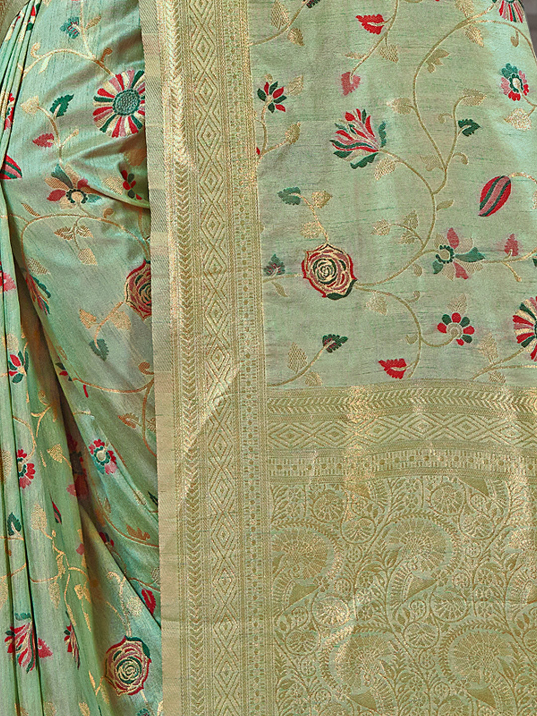 Women's Light Green Silk Resham Dori Work Traditional Tassle Saree - Sangam Prints