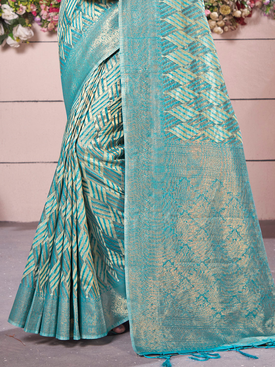 Women's Sky Blue Cotton Woven Work Traditional Tassle Saree - Sangam Prints