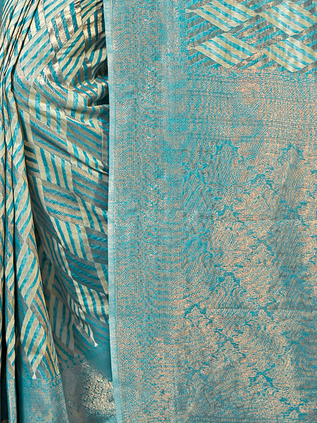 Women's Sky Blue Cotton Woven Work Traditional Tassle Saree - Sangam Prints