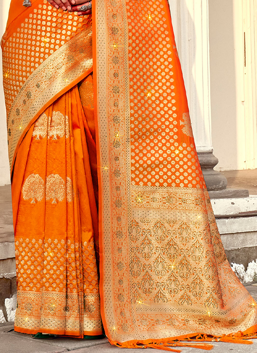 Women's Orange Banarasi Silk Siroski Stone Work Traditional Tassle Saree - Sangam Prints