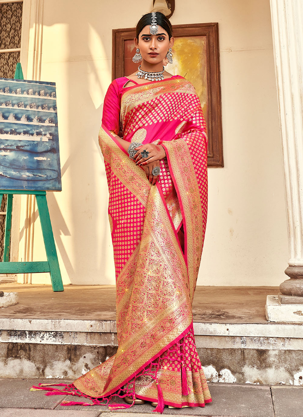 Women's Light Pink Banarasi Silk Siroski Stone Work Traditional Tassle Saree - Sangam Prints