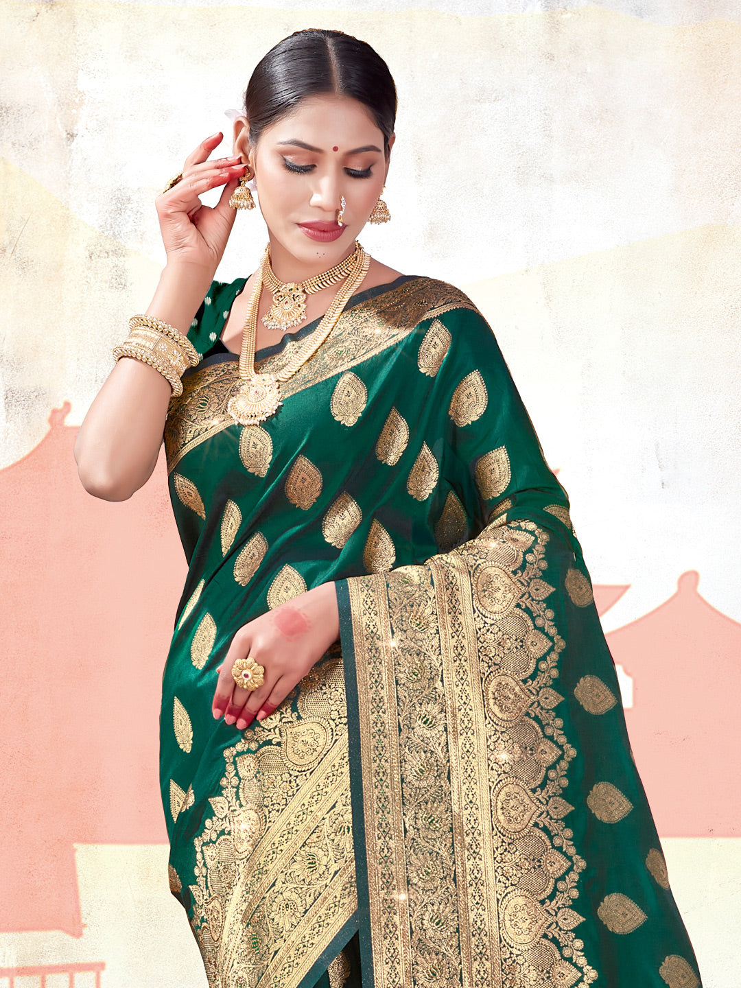Women's Dark Green SILK Woven Work Traditional Tassle Saree - Sangam Prints