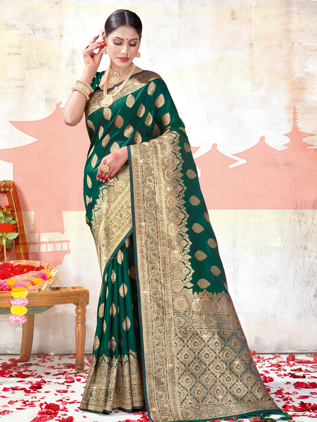 Women's Dark Green SILK Woven Work Traditional Tassle Saree - Sangam Prints
