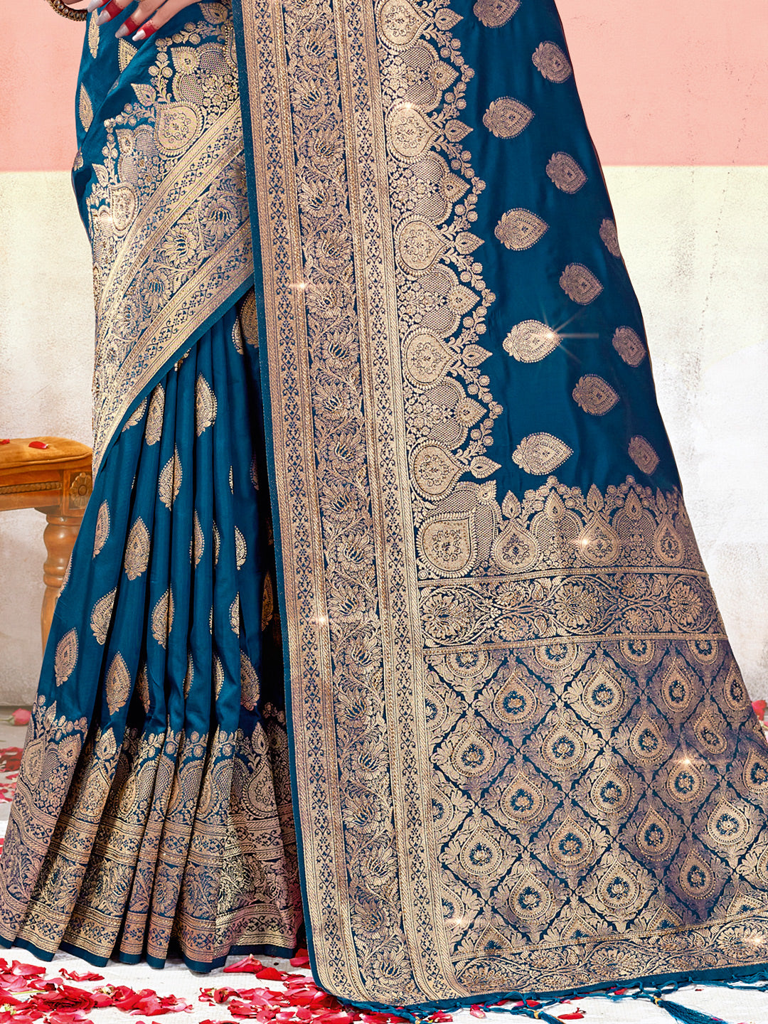 Women's Navy Blue SILK Woven Work Traditional Tassle Saree - Sangam Prints
