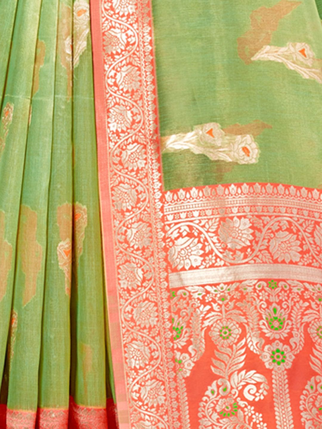 Women's Light Green Cotton Woven Work Traditional Tassle Saree - Sangam Prints