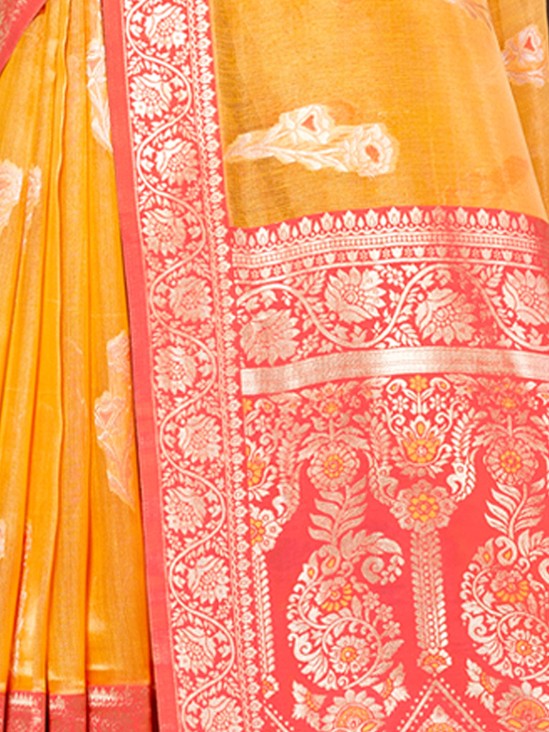 Women's Mustard Cotton Woven Work Traditional Tassle Saree - Sangam Prints