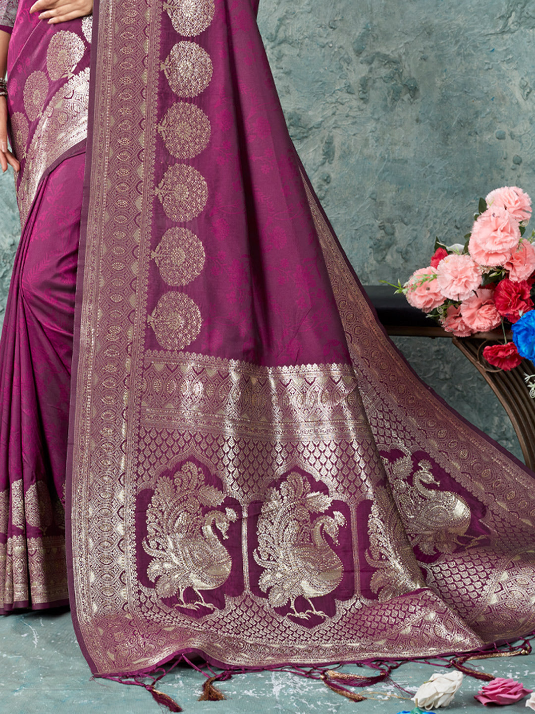 Women's Purple SILK  Siroski Stone Work Traditional Tassle Saree - Sangam Prints