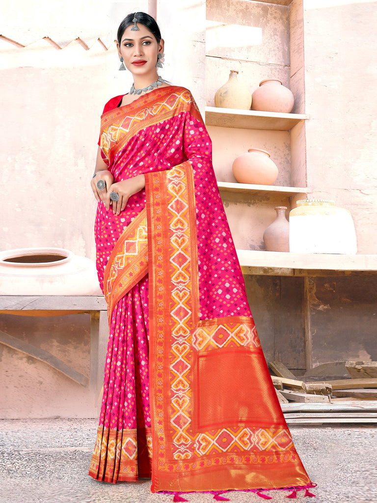 Women's Pink SILK  Woven Zari Work Traditional Tassle Saree