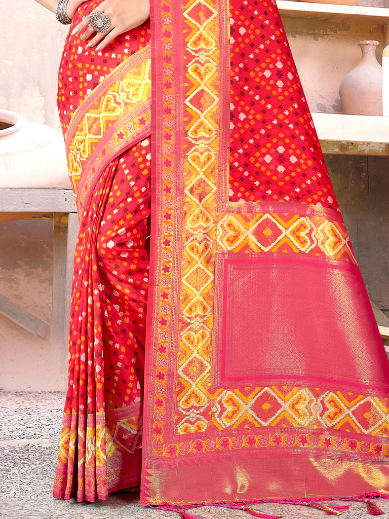 Women's Red SILK  Woven Zari Work Traditional Tassle Saree