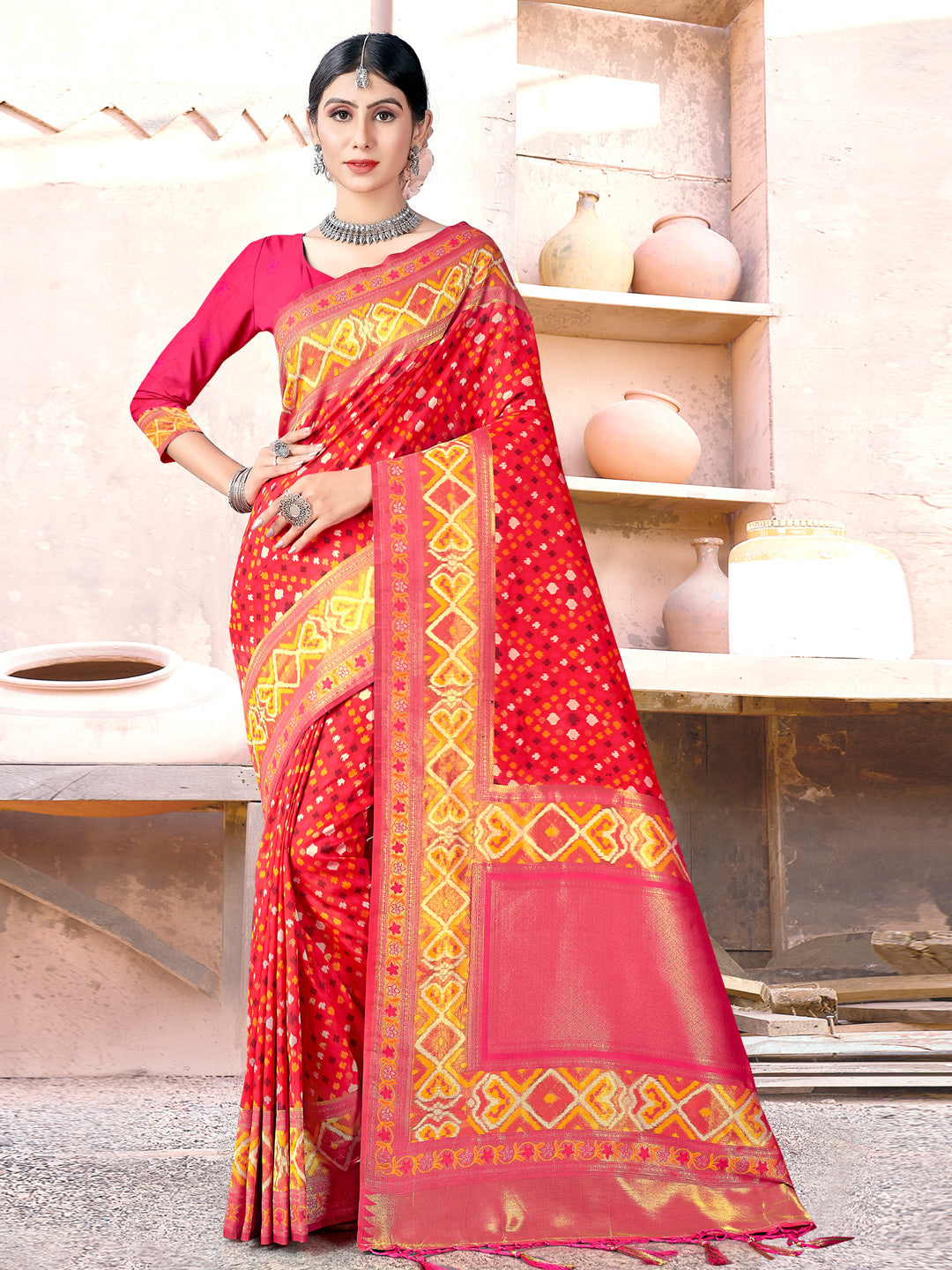 Women's Red SILK  Woven Zari Work Traditional Tassle Saree