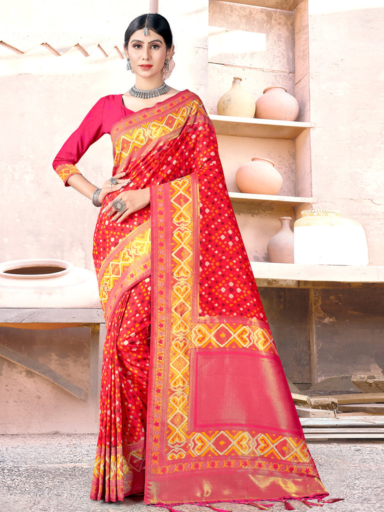Women's Red SILK  Woven Zari Work Traditional Tassle Saree