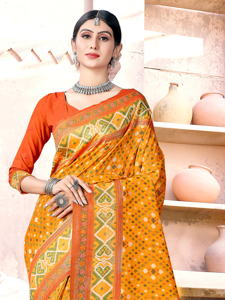 Women's Yellow SILK  Woven Zari Work Traditional Tassle Saree