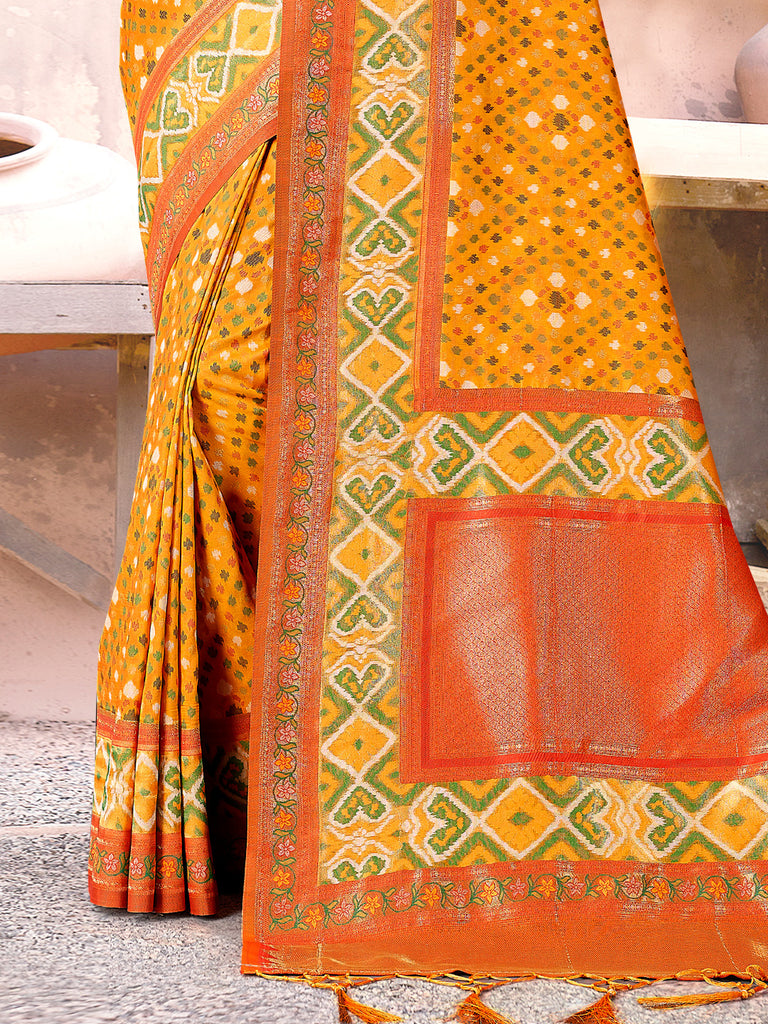 Women's Yellow SILK  Woven Zari Work Traditional Tassle Saree