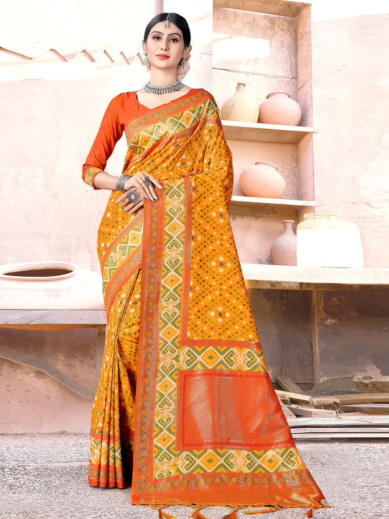 Women's Yellow SILK  Woven Zari Work Traditional Tassle Saree
