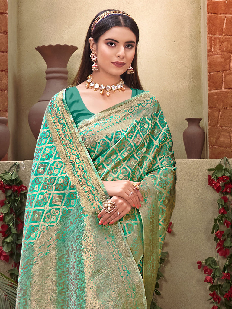 Women's Sea Green Cotton Woven Work Traditional Tassle Saree