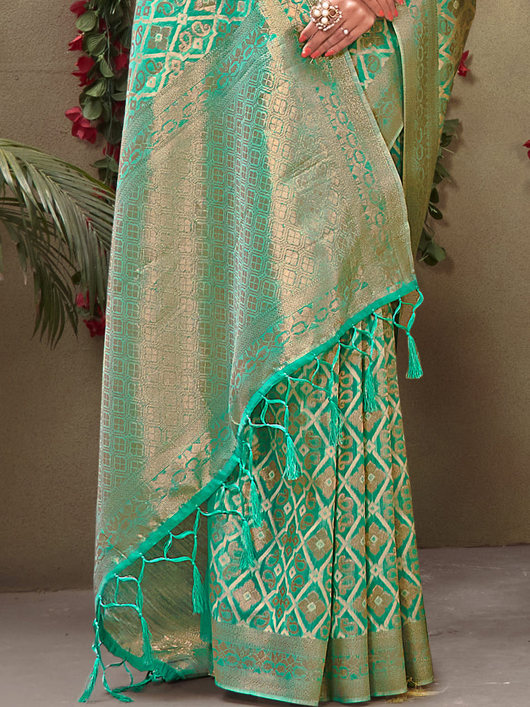 Women's Sea Green Cotton Woven Work Traditional Tassle Saree