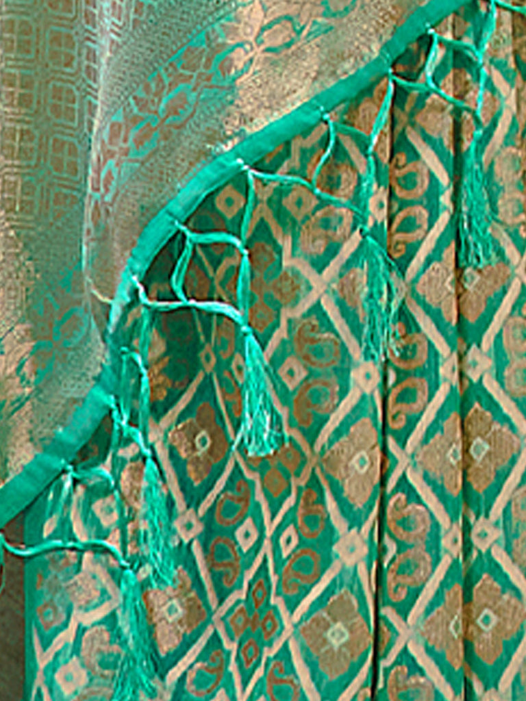 Women's Sea Green Cotton Woven Work Traditional Tassle Saree
