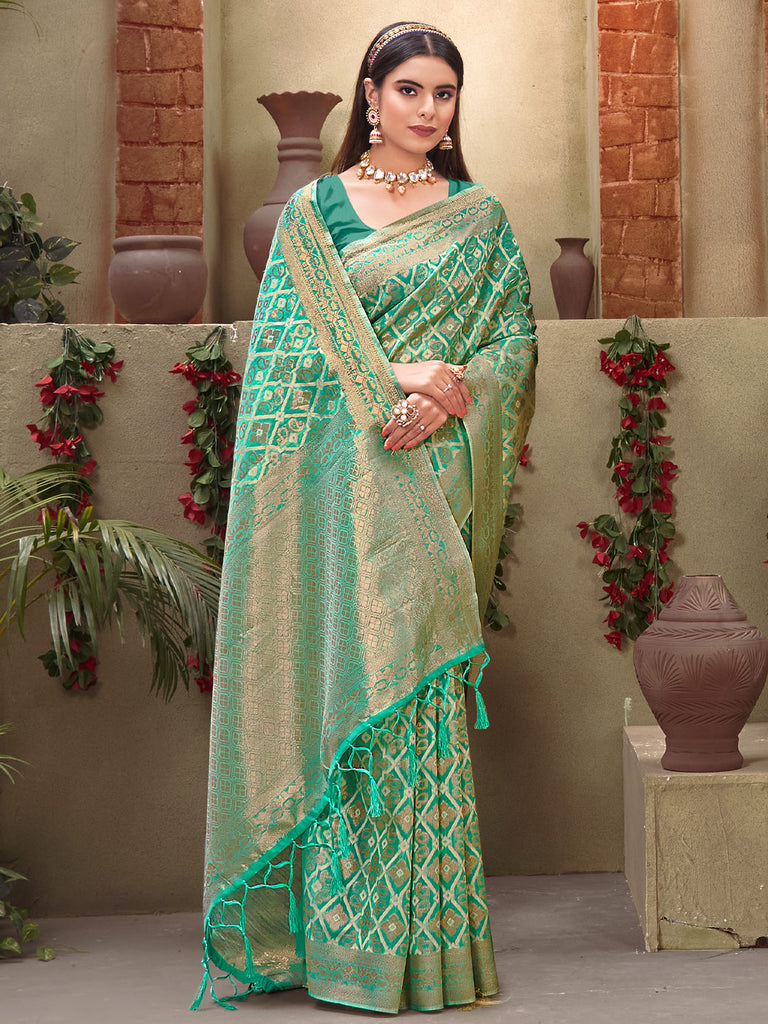 Women's Sea Green Cotton Woven Work Traditional Tassle Saree