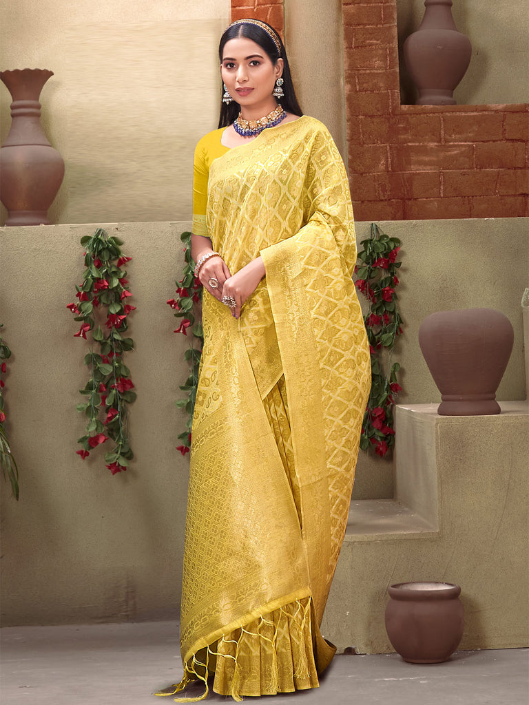 Women's Yellow Cotton Woven Work Traditional Tassle Saree