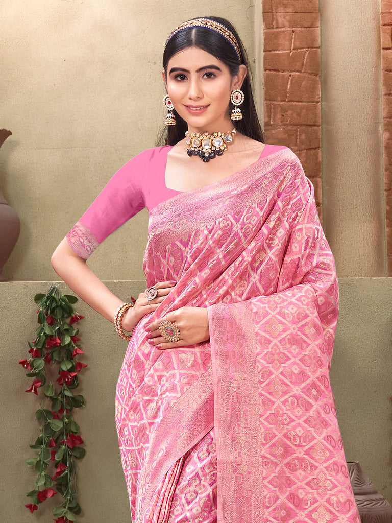 Women's Pink Cotton Woven Work Traditional Tassle Saree