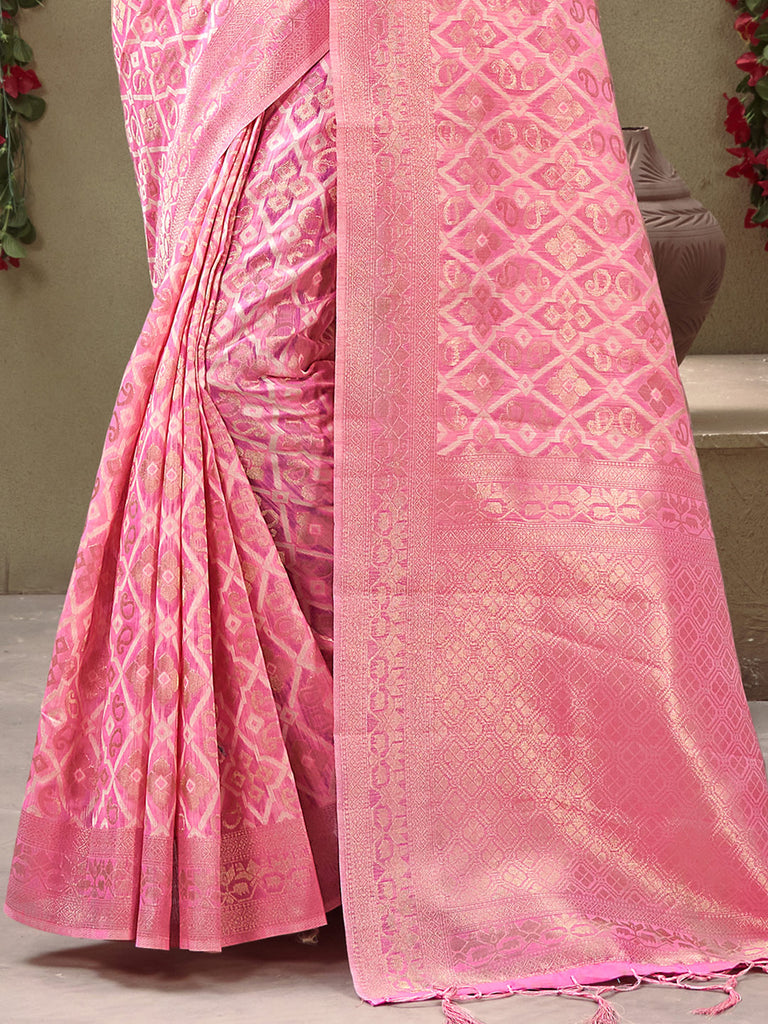 Women's Pink Cotton Woven Work Traditional Tassle Saree
