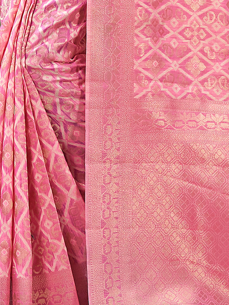 Women's Pink Cotton Woven Work Traditional Tassle Saree