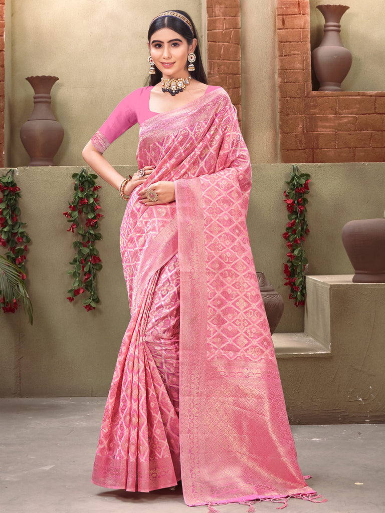 Women's Pink Cotton Woven Work Traditional Tassle Saree